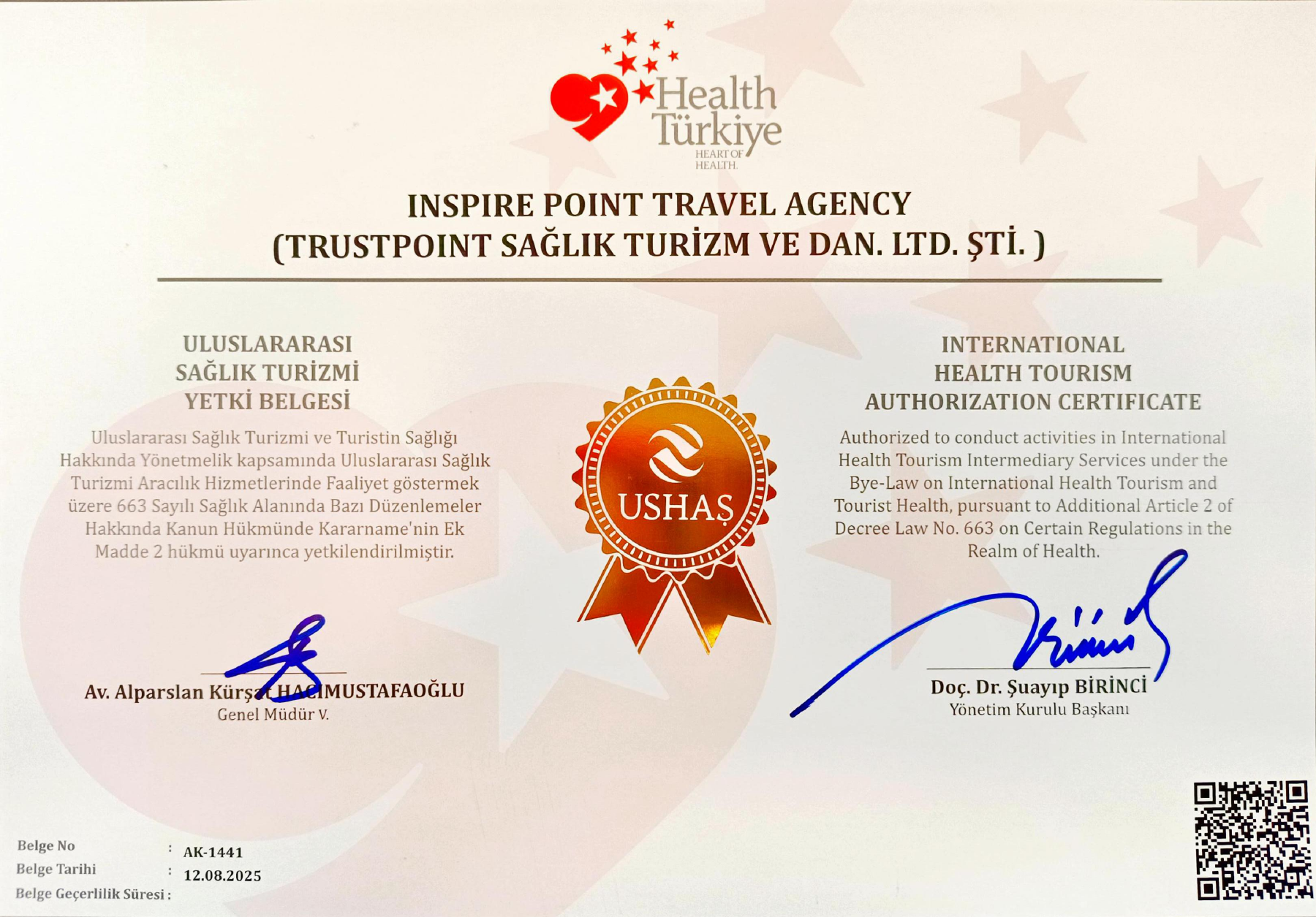 USHAS International Health Tourism Authorization Certificate for Inspire Point Travel Agency